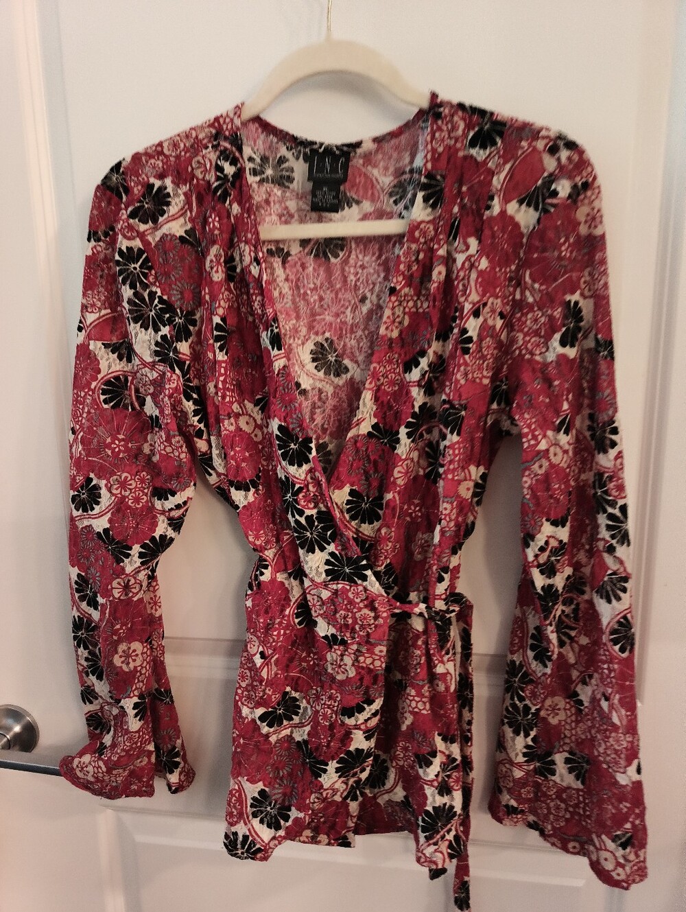 Vintage INC - Floral Wrap Blouse in Red, Black & White